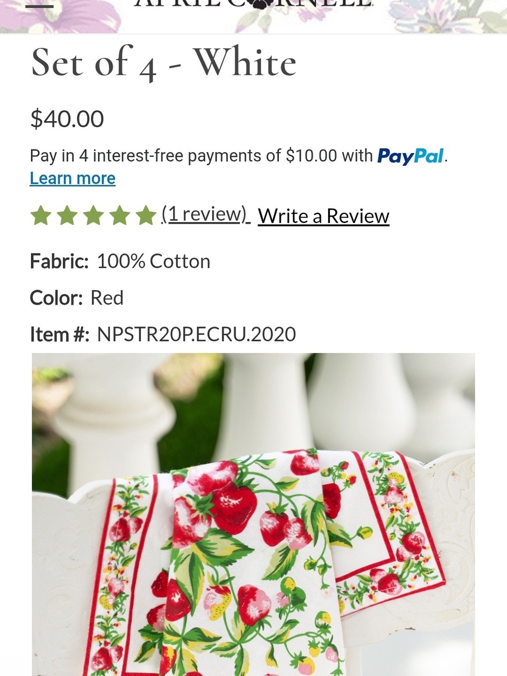 April Cornell Red and Green Strawberry Cotton Napkin Set - Set of 4